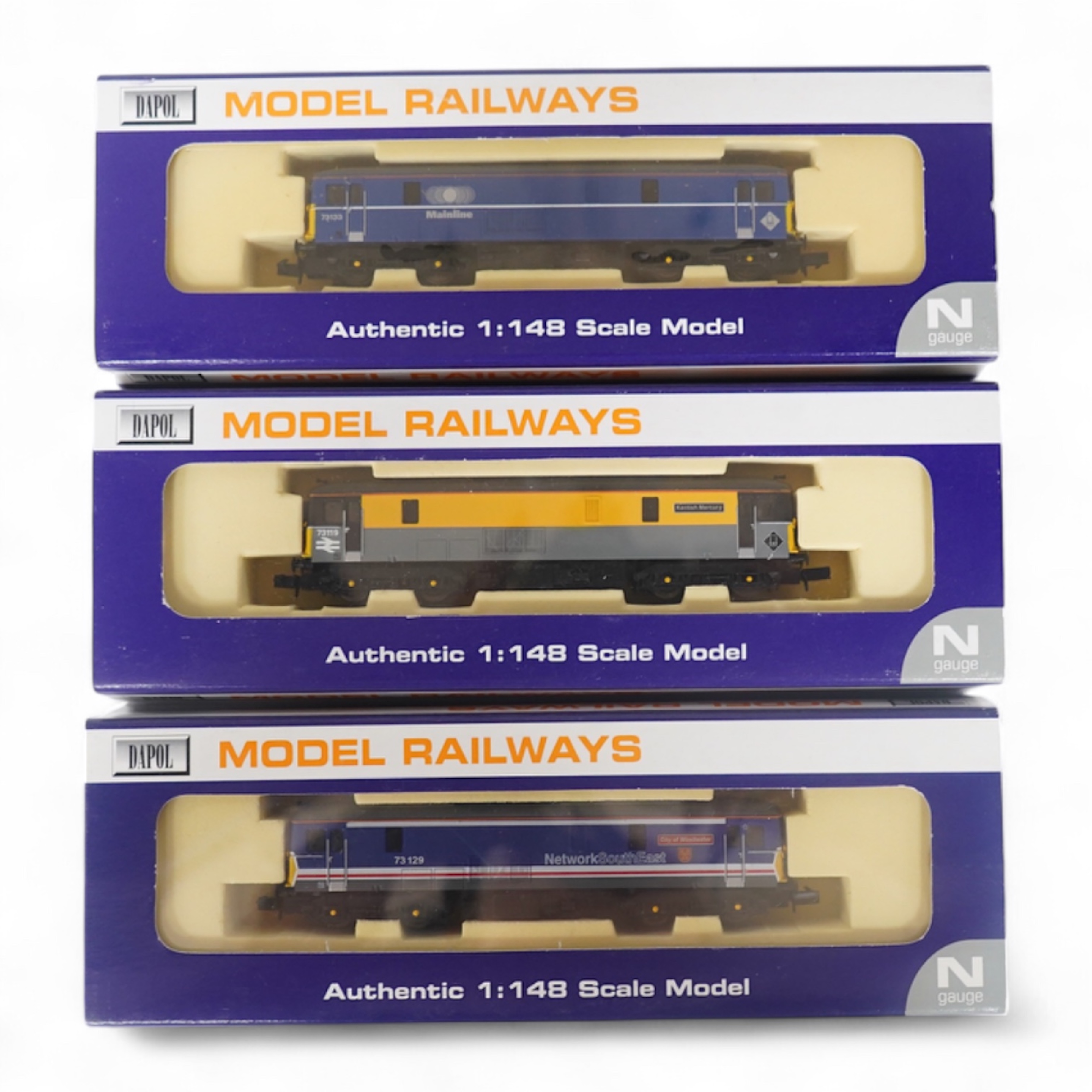 Three boxed Dapol N gauge railway Class 73 electro-diesel locomotives; 73119 Kentish Mercury (ND-022a), 73129 City of Winchester (ND-012a) and 73133 (ND-021b). Condition - good.